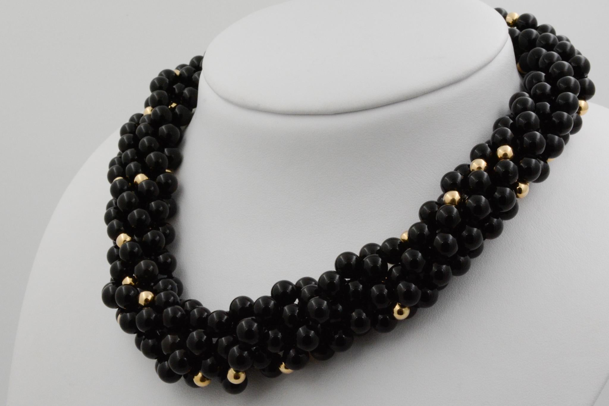 Onyx and 18k Yellow Gold Beaded Strand Necklace  In Excellent Condition In Dallas, TX