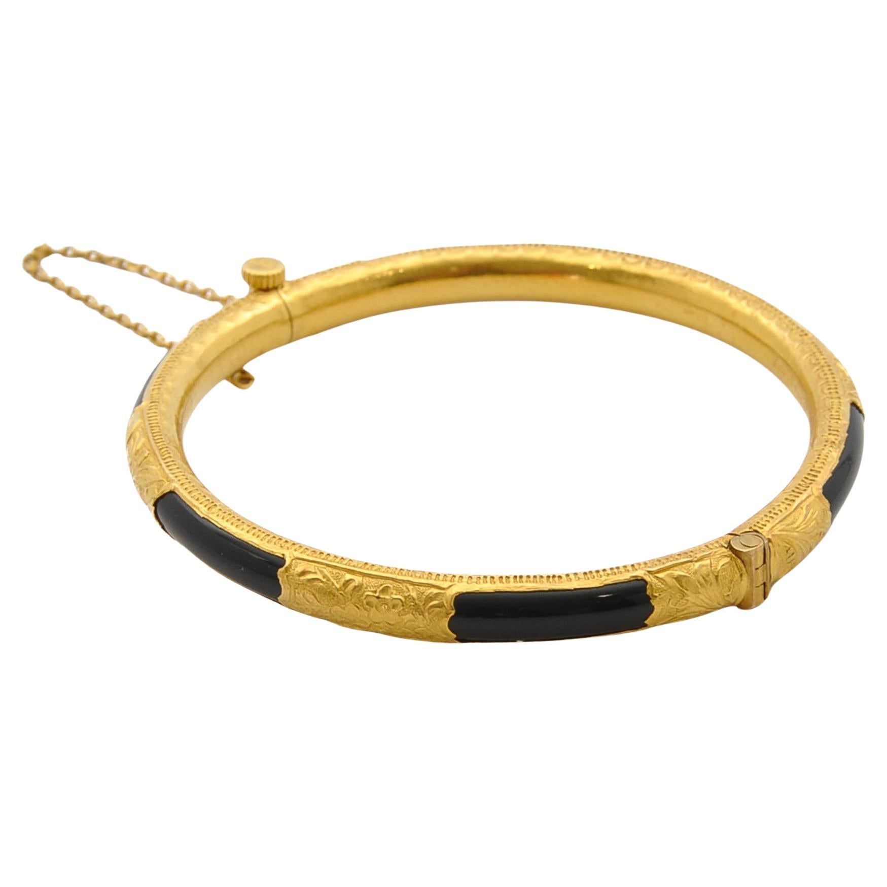 Onyx and 20K Gold Engraved Rigid Hinged Bangle Bracelet For Sale