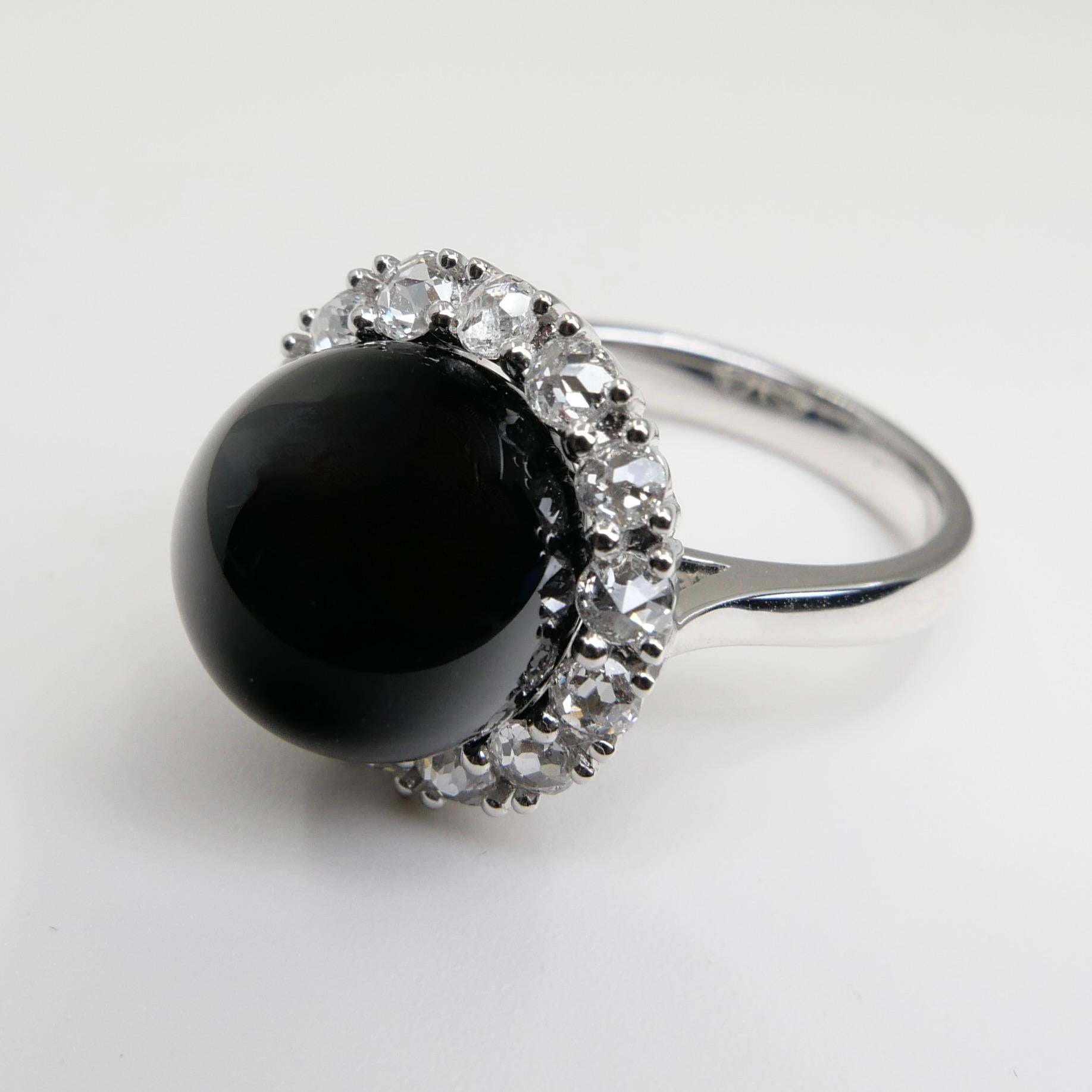Onyx 12mm And Antique Rose Cut Diamond Cocktail Ring.  In New Condition For Sale In Hong Kong, HK