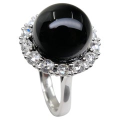 Onyx 12mm And Antique Rose Cut Diamond Cocktail Ring. 