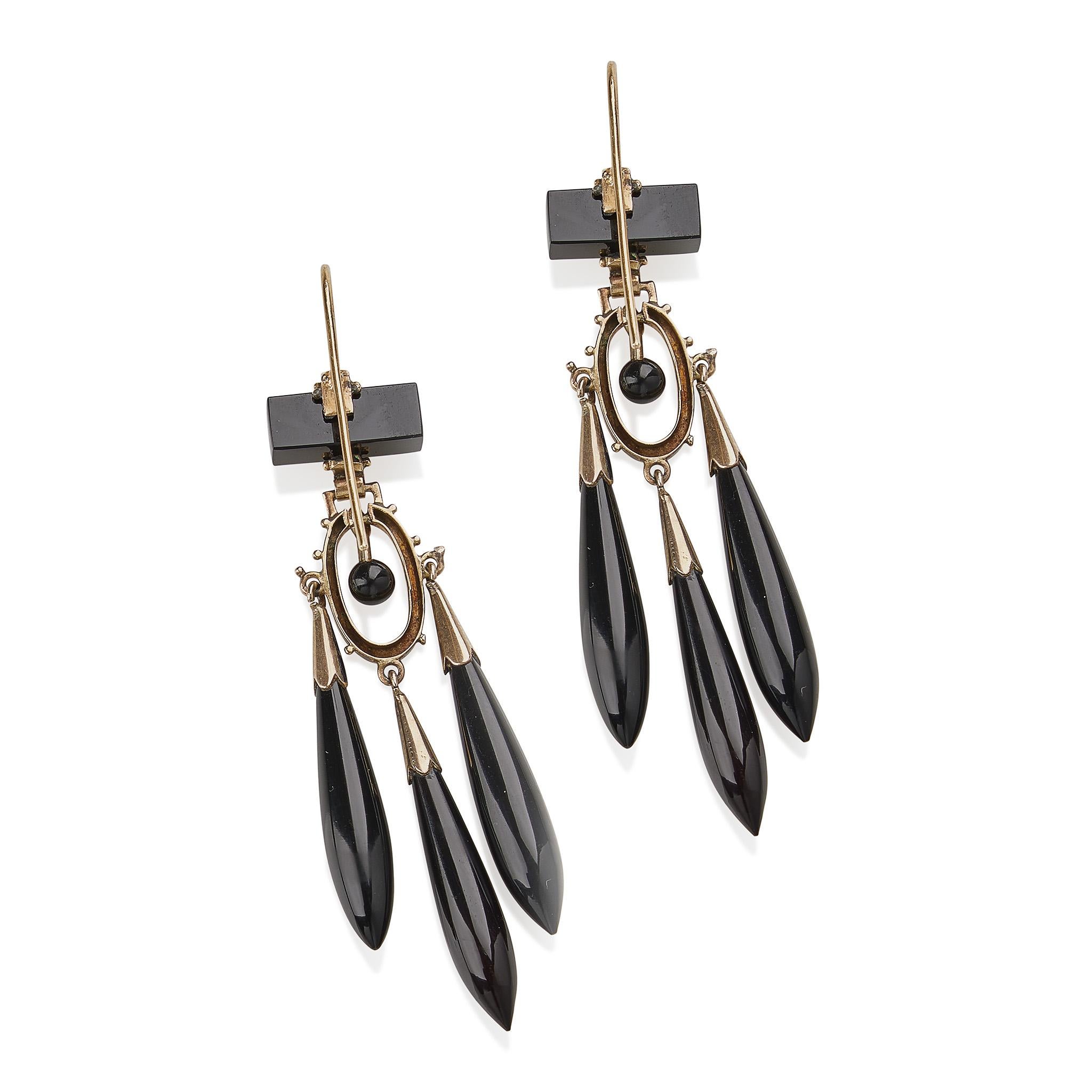 Onyx and Black Enamel Pendant Earrings In Excellent Condition In New York, NY
