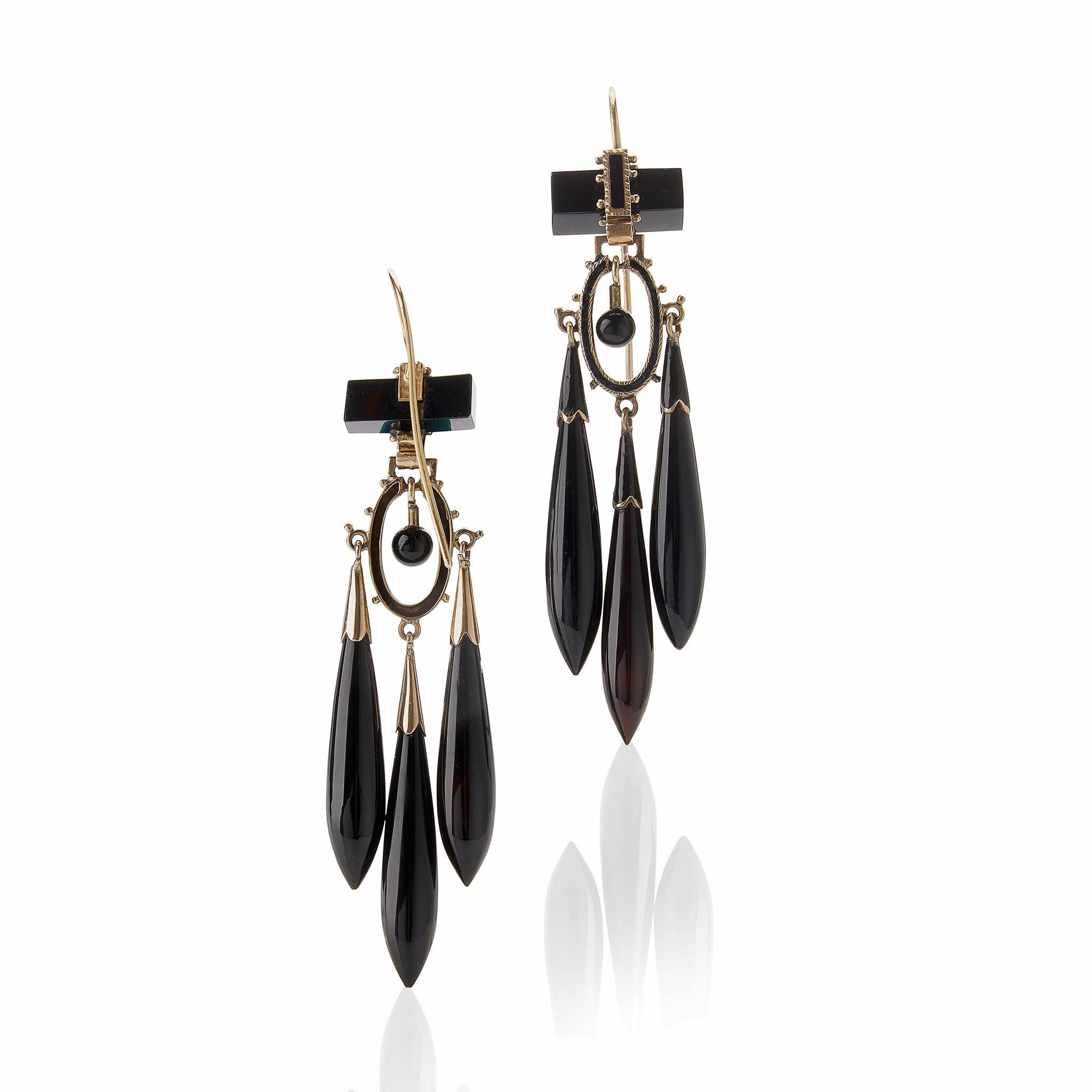 Onyx and Black Enamel Pendant Earrings For Sale 1