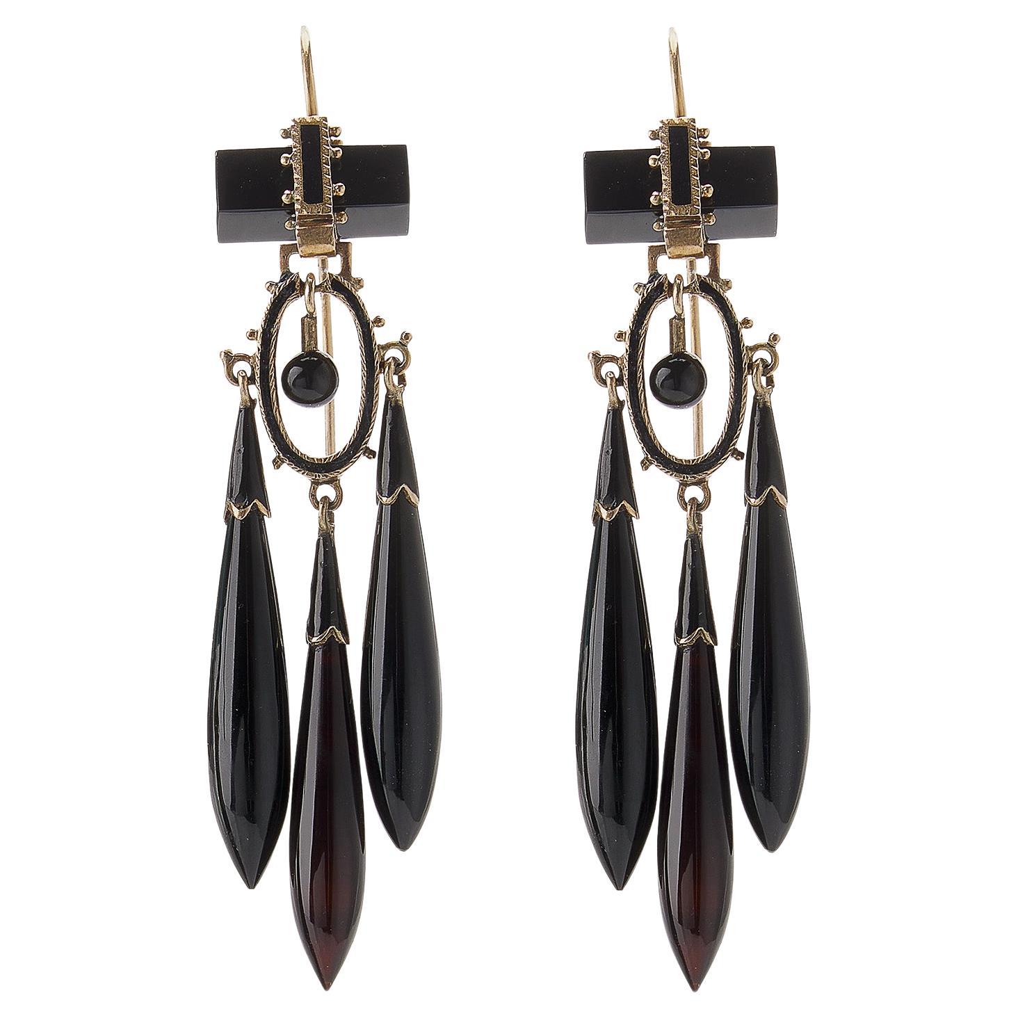 Onyx and Black Enamel Pendant Earrings For Sale