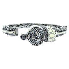 Bracelet manchette en argent sterling avec motif floral en onyx et saphir noir