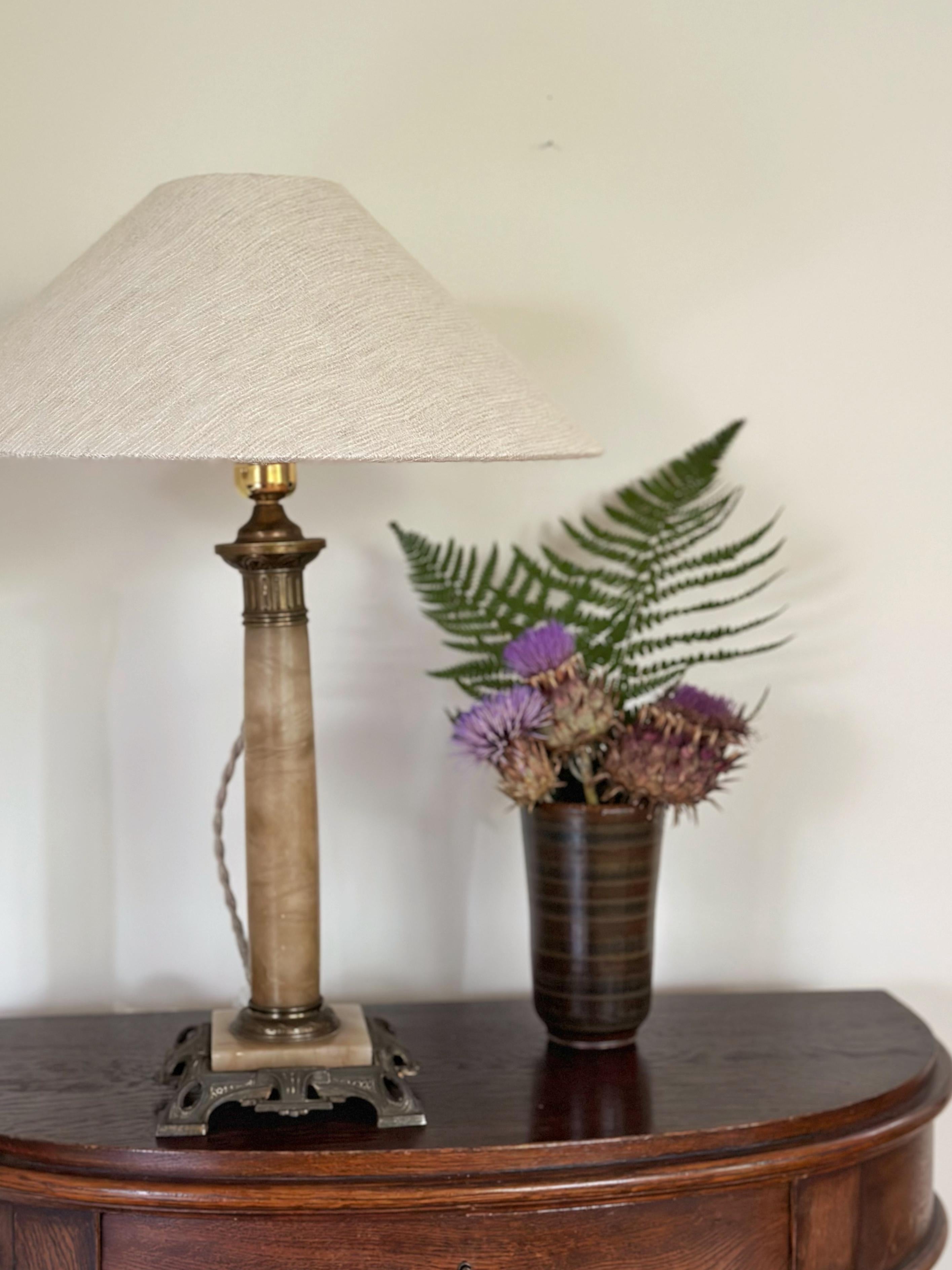 Neoclassical Metal Table Lamp in Column form. Sweden, 1930s. 

Atelier made lamp shade is included, pick any of the shades on the pictures.

Great Condition with only small signs of wear.

Rewired.


Measure: 
Height lamp base including socket: 36