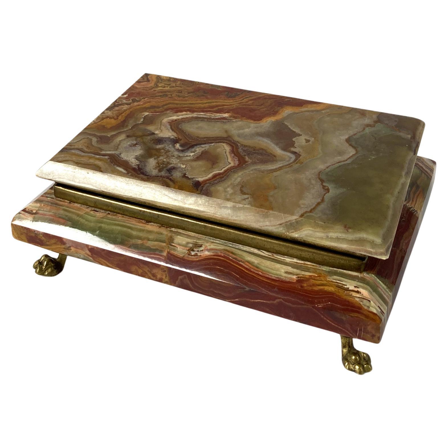 Onyx and Brass Hinged Box in Brown, Amber, Taupe and Red, Italian, 1960s For Sale