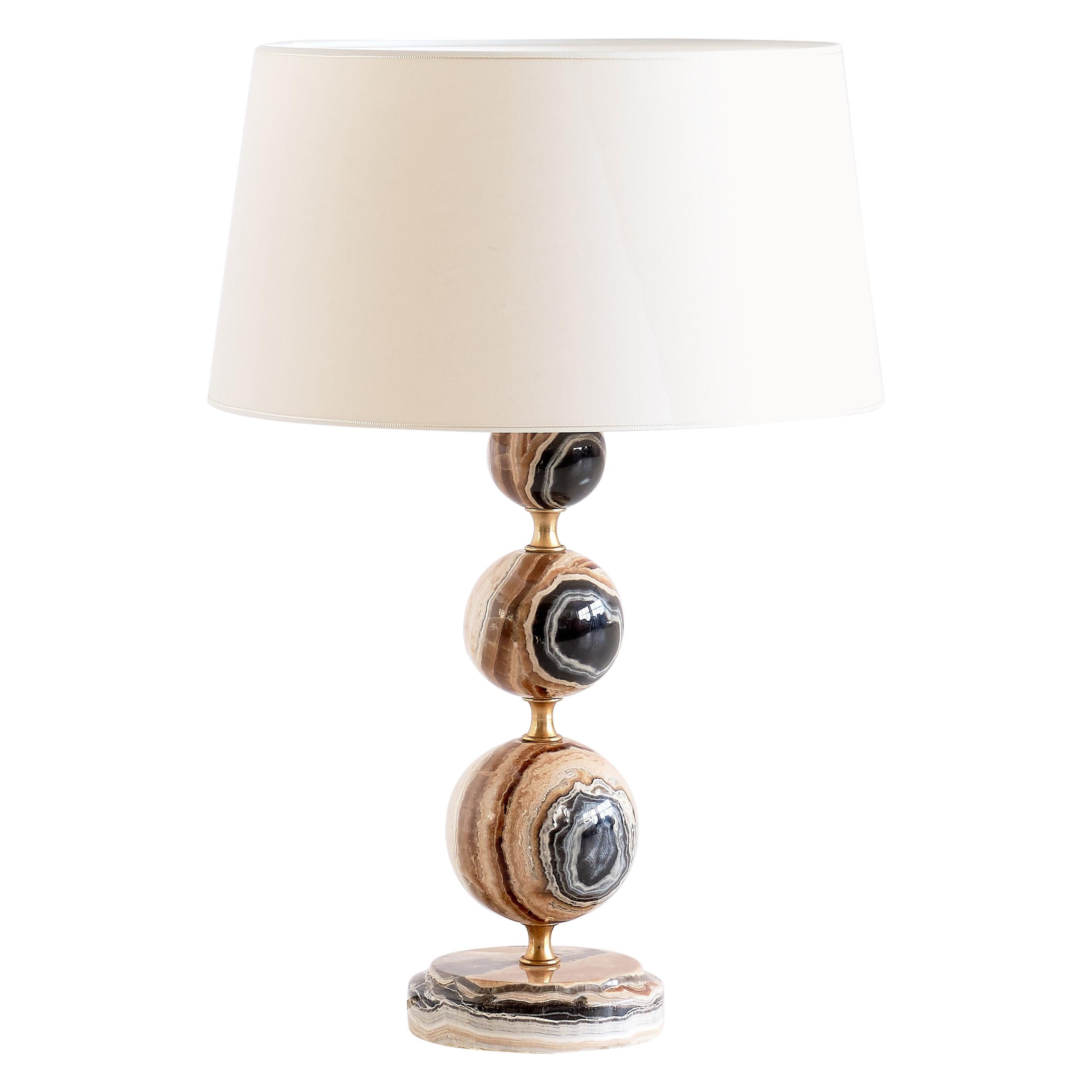 Onyx and Brass Table Lamp with Ivory Shade, Italy, 1970s