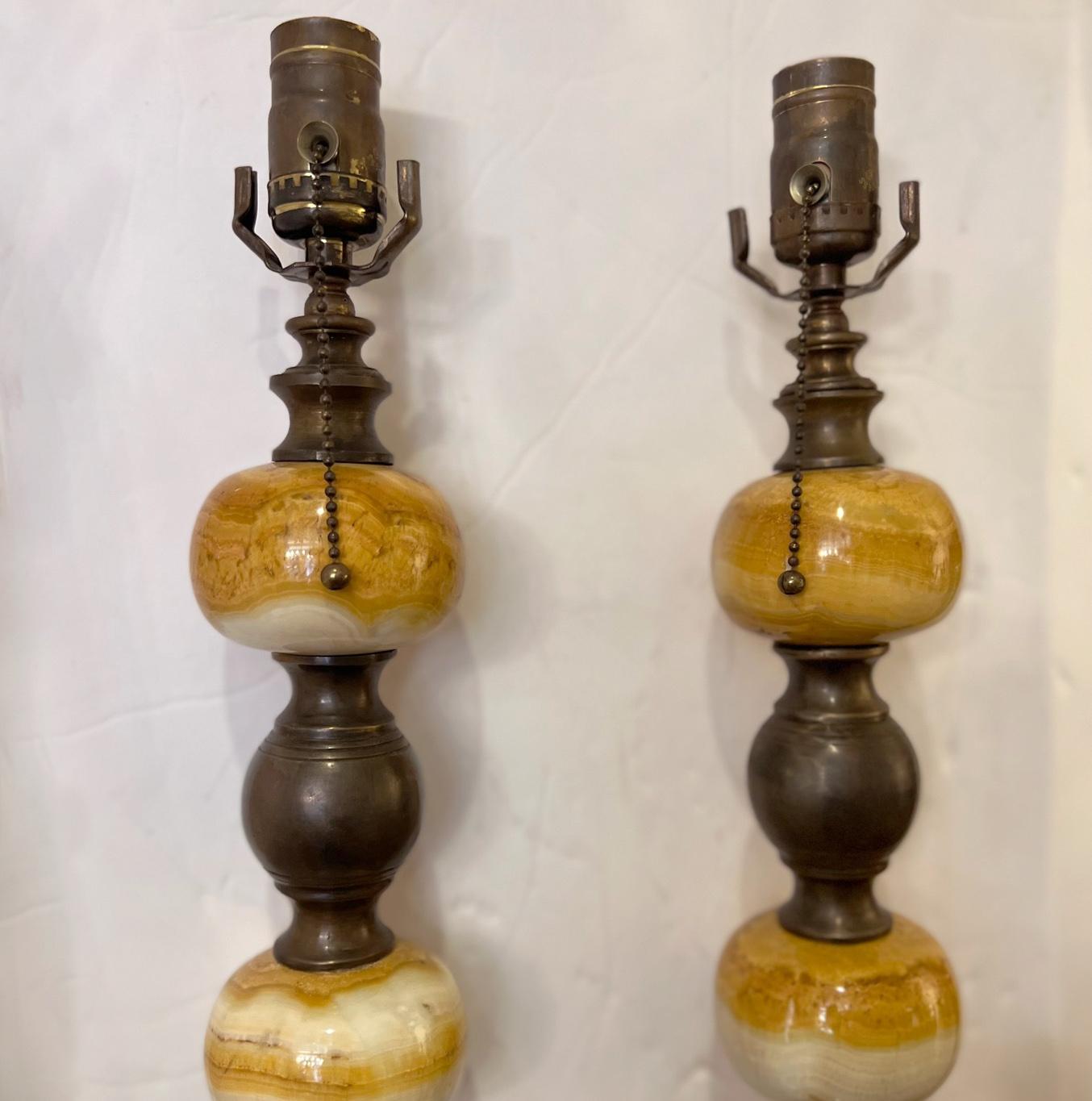 Pair of tall circa 1940s' Italian onyx and bronze table lamps with original patina

Measurements:
Height: 32