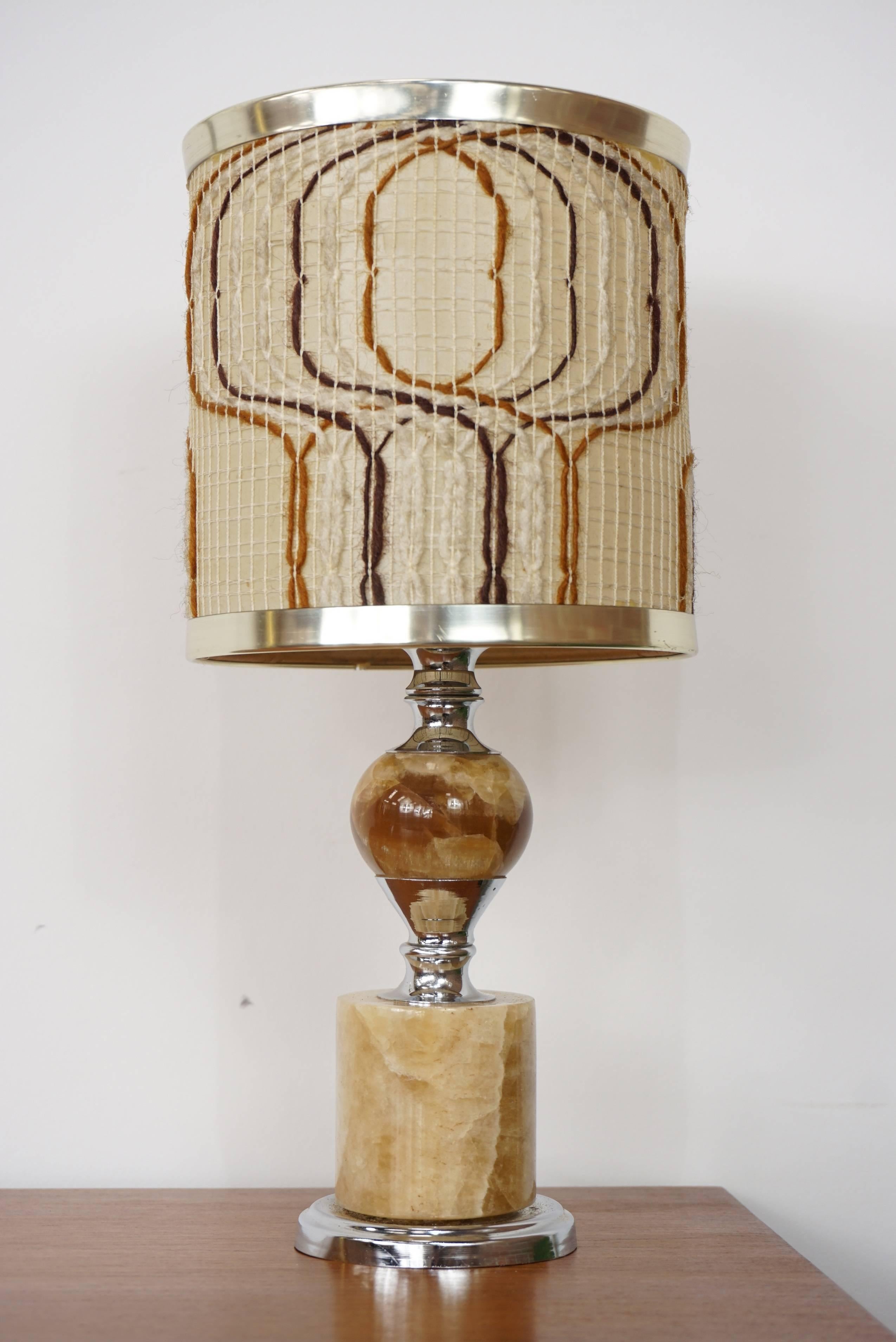 Lamp with base onyx and chrome. Original woven wool lampshade, 1970s.