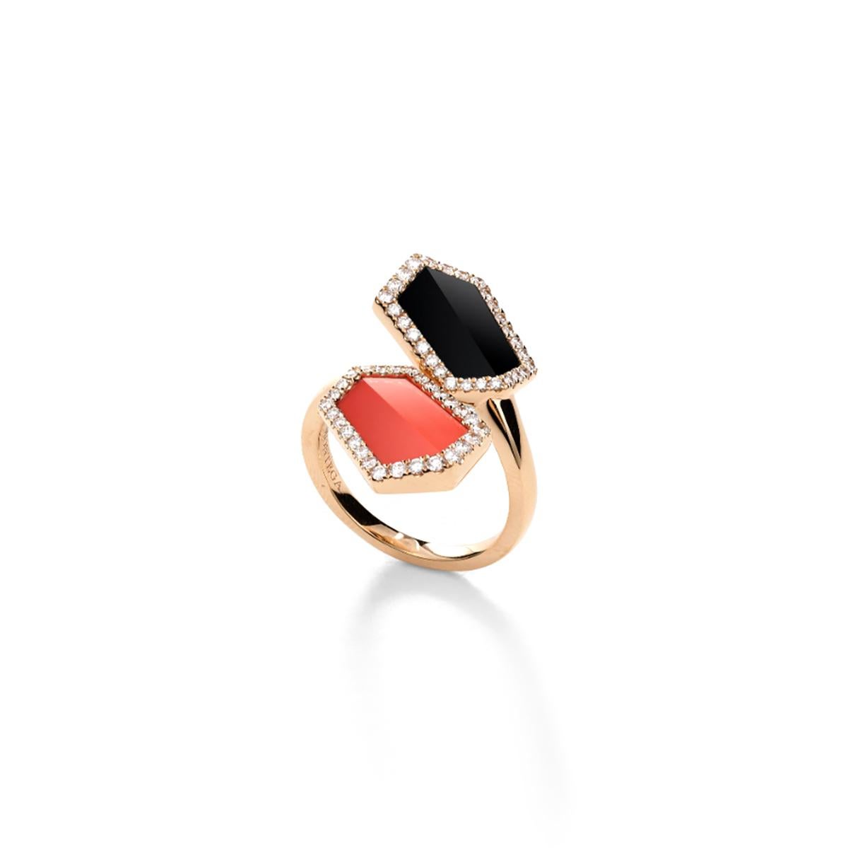 Contemporary Onyx and Coral Diamond Gold Ring For Sale