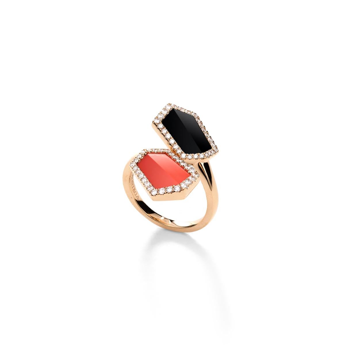 Taille ronde Bague en or, onyx et corail avec diamants en vente