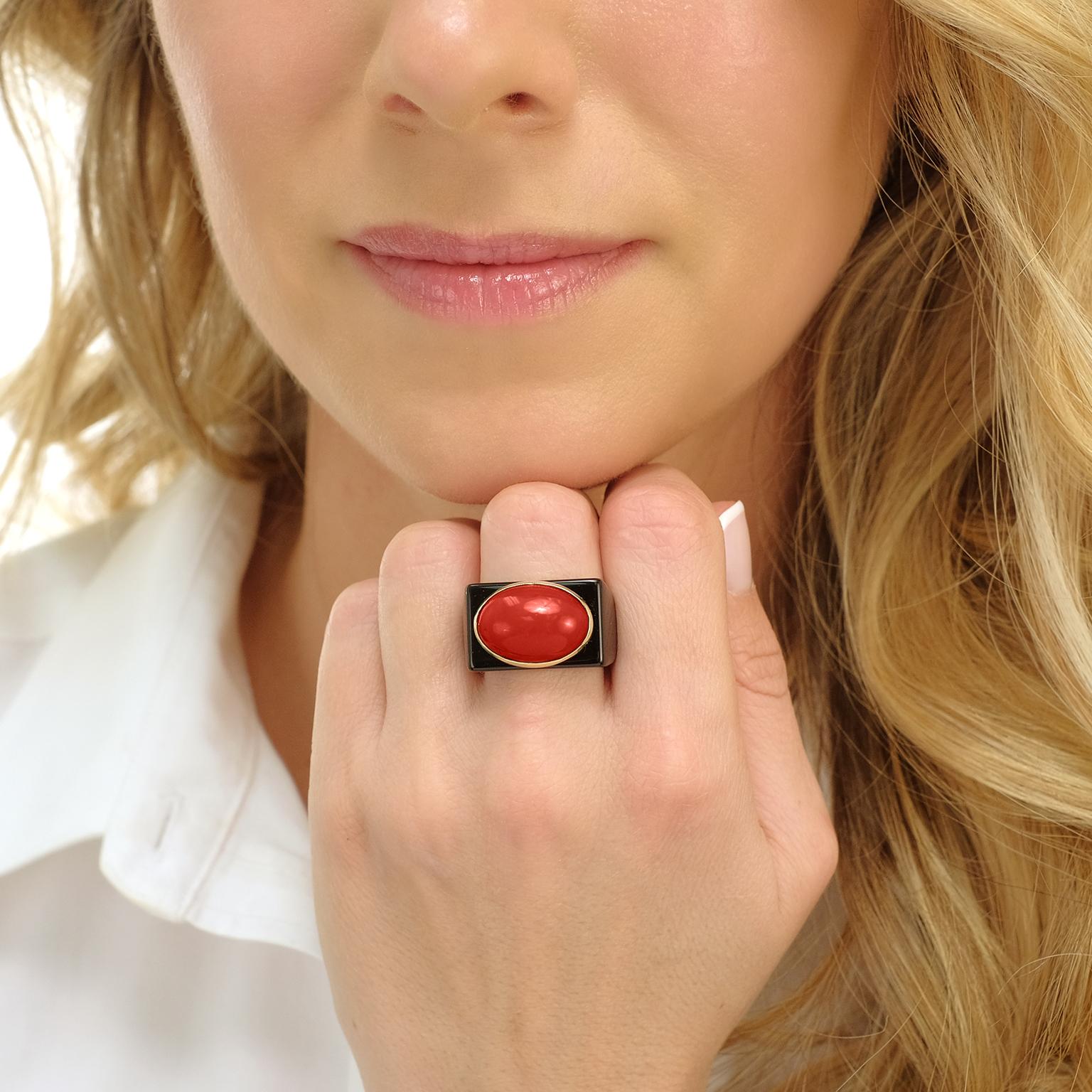 Women's or Men's Onyx and Coral Modernist Ring