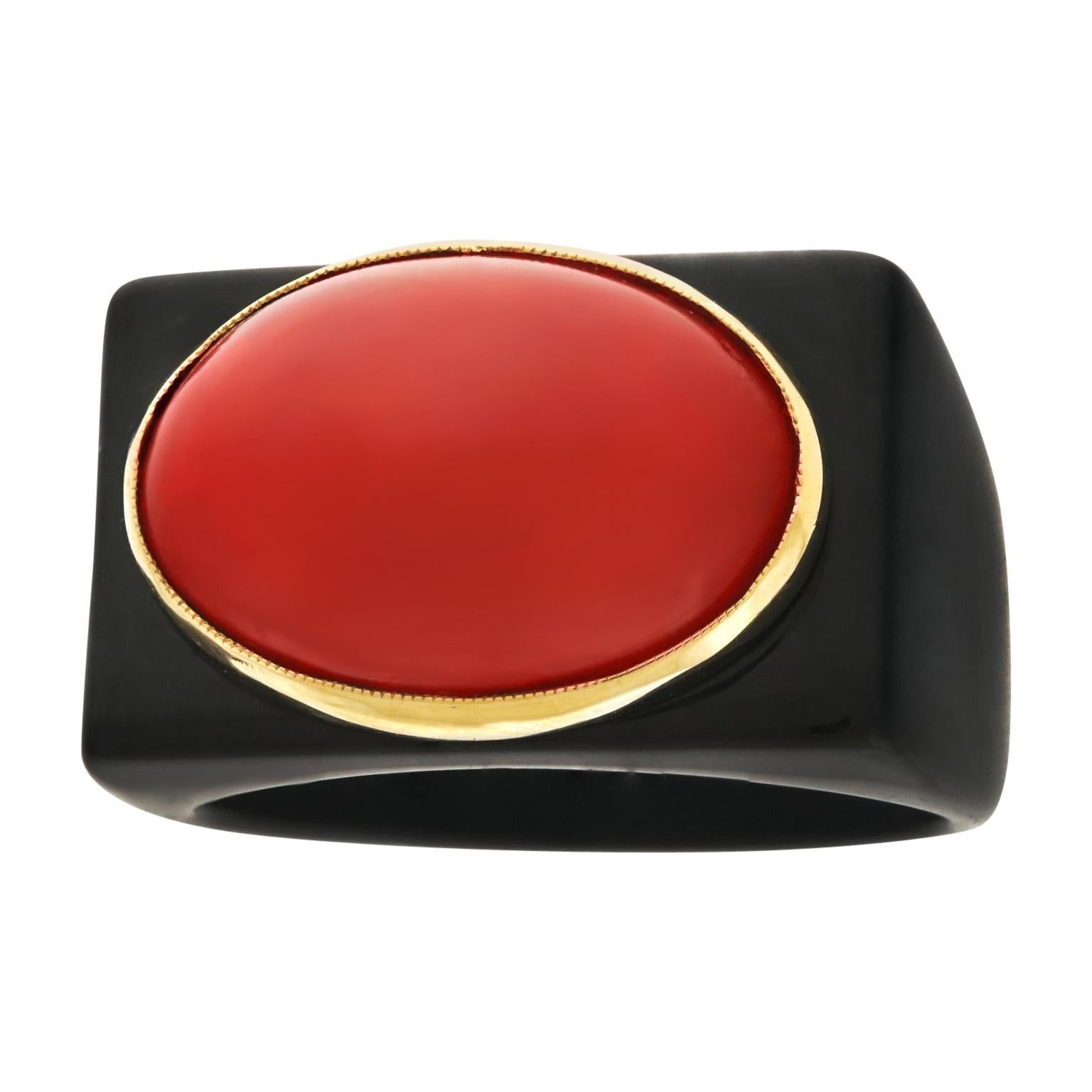 Onyx and Coral Modernist Ring