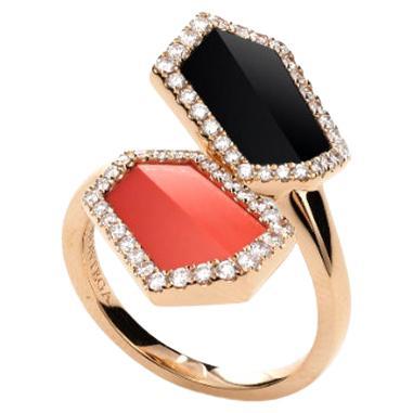 Onyx and Coral Pink Gold Ring