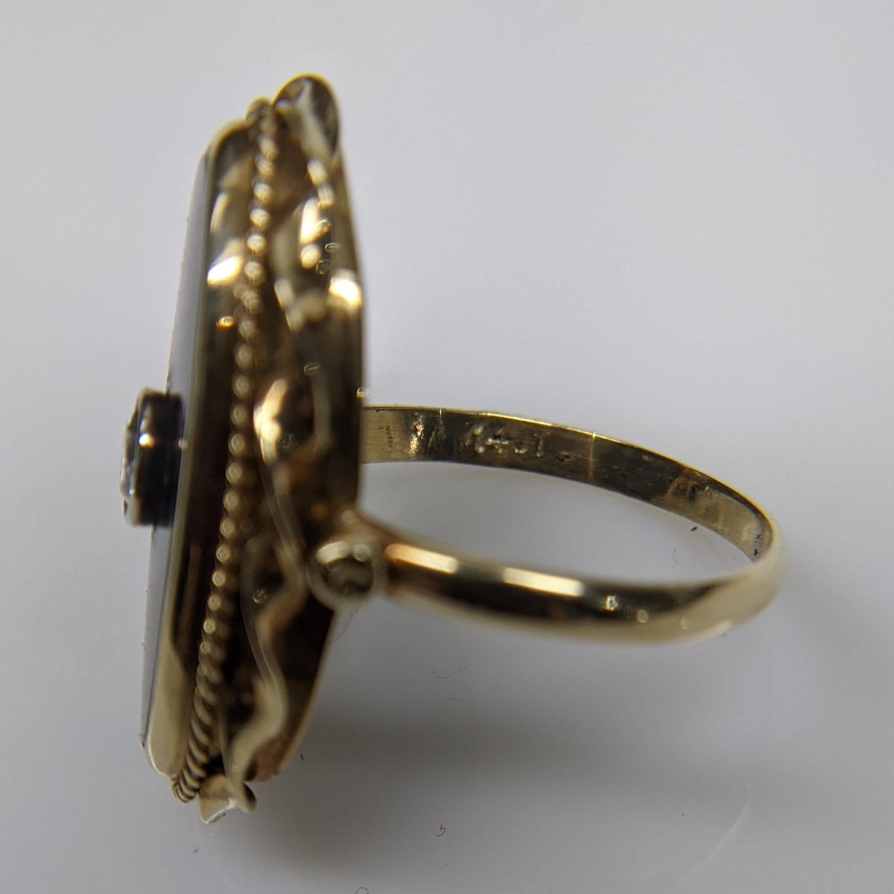 Women's Onyx and Diamond 14 Karat Yellow Gold Ring For Sale