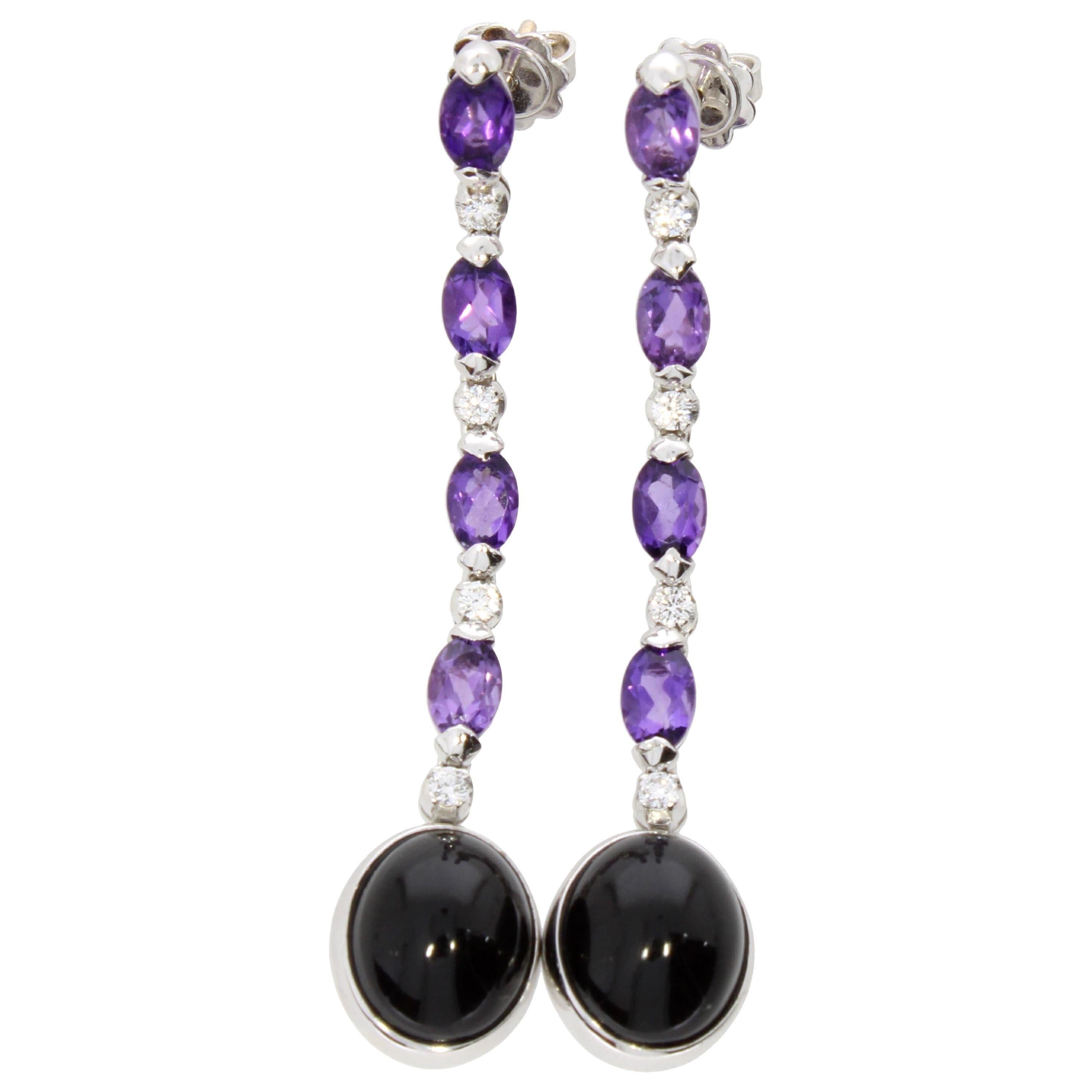 Onyx and Diamond 18 Karat White Gold Drop Earrings by Niquesa For Sale