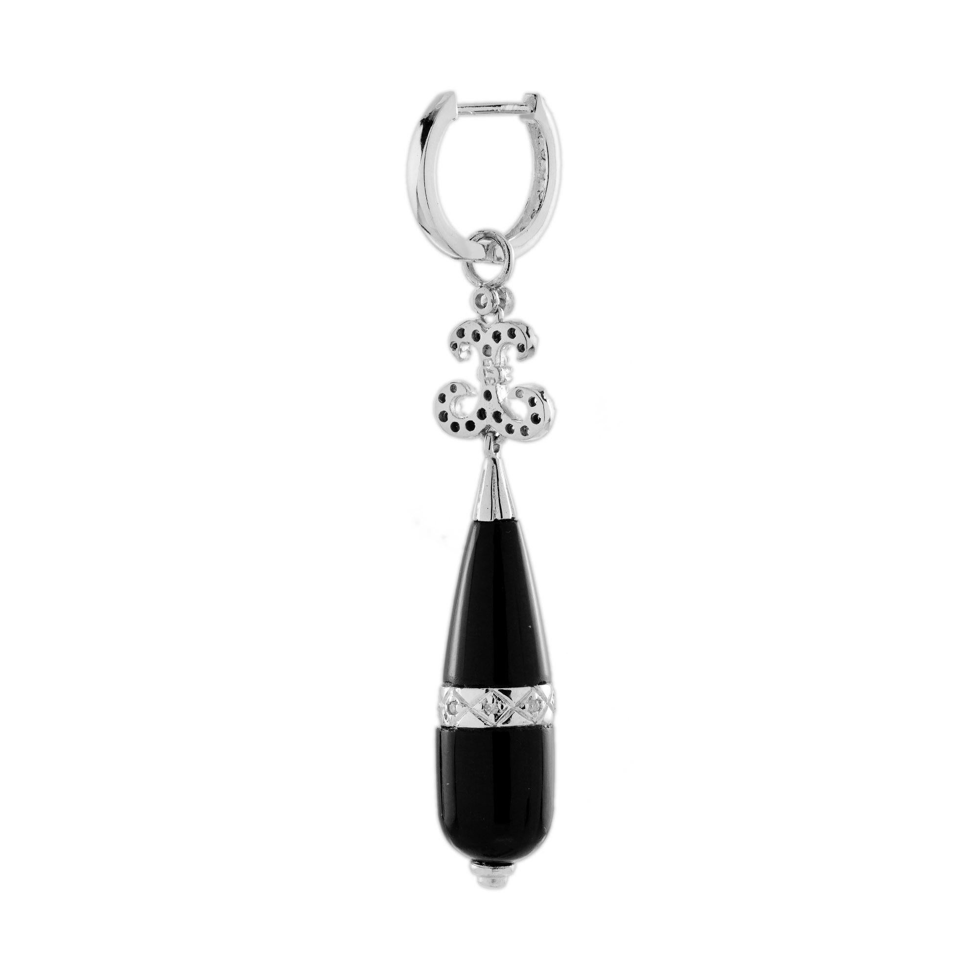 Oval Cut Onyx and Diamond Art Deco Style Dangle Earrings in 14K White Gold For Sale
