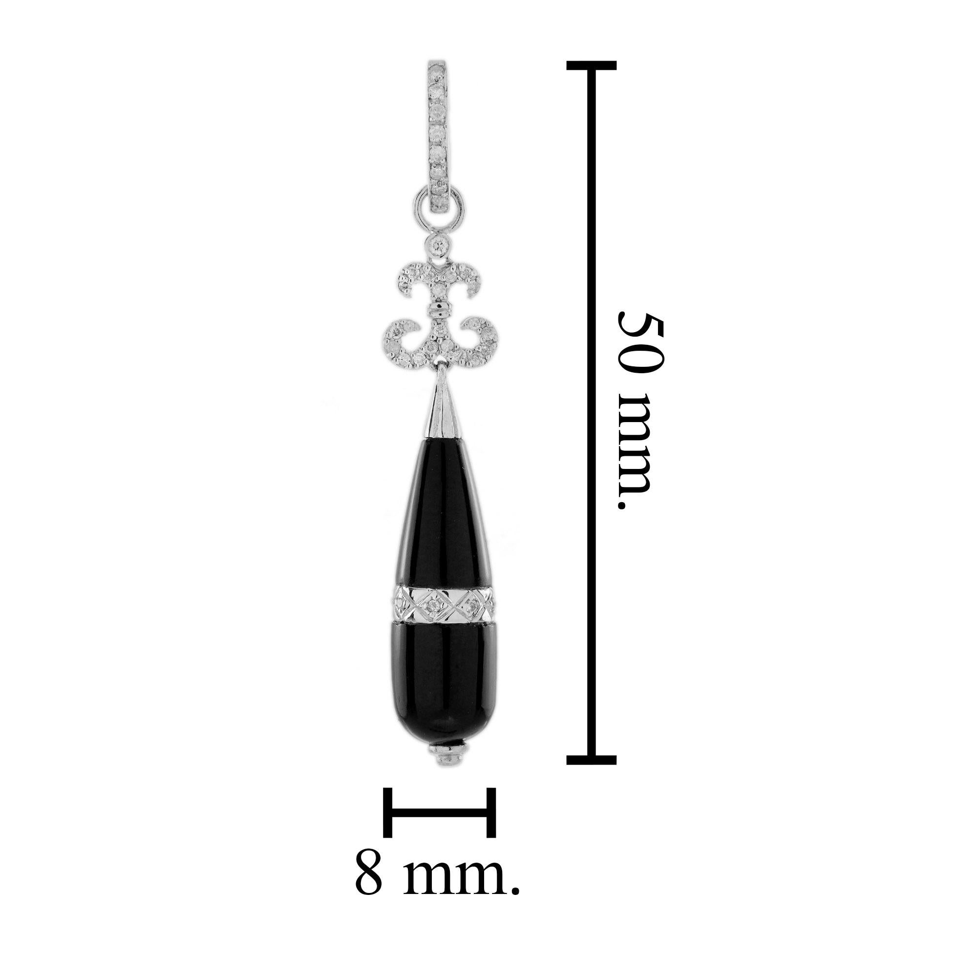 Onyx and Diamond Art Deco Style Dangle Earrings in 14K White Gold In New Condition For Sale In Bangkok, TH