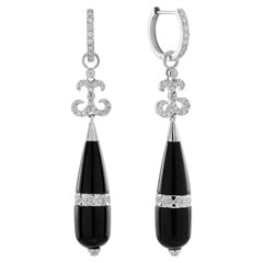 Onyx and Diamond Art Deco Style Dangle Earrings in 14K White Gold