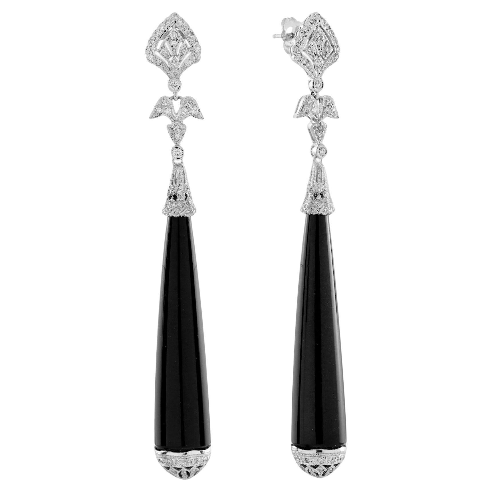 Onyx and Diamond Art Deco Style Dangle Earrings in 14K White Gold