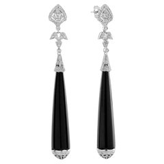 Onyx and Diamond Art Deco Style Dangle Earrings in 14K White Gold