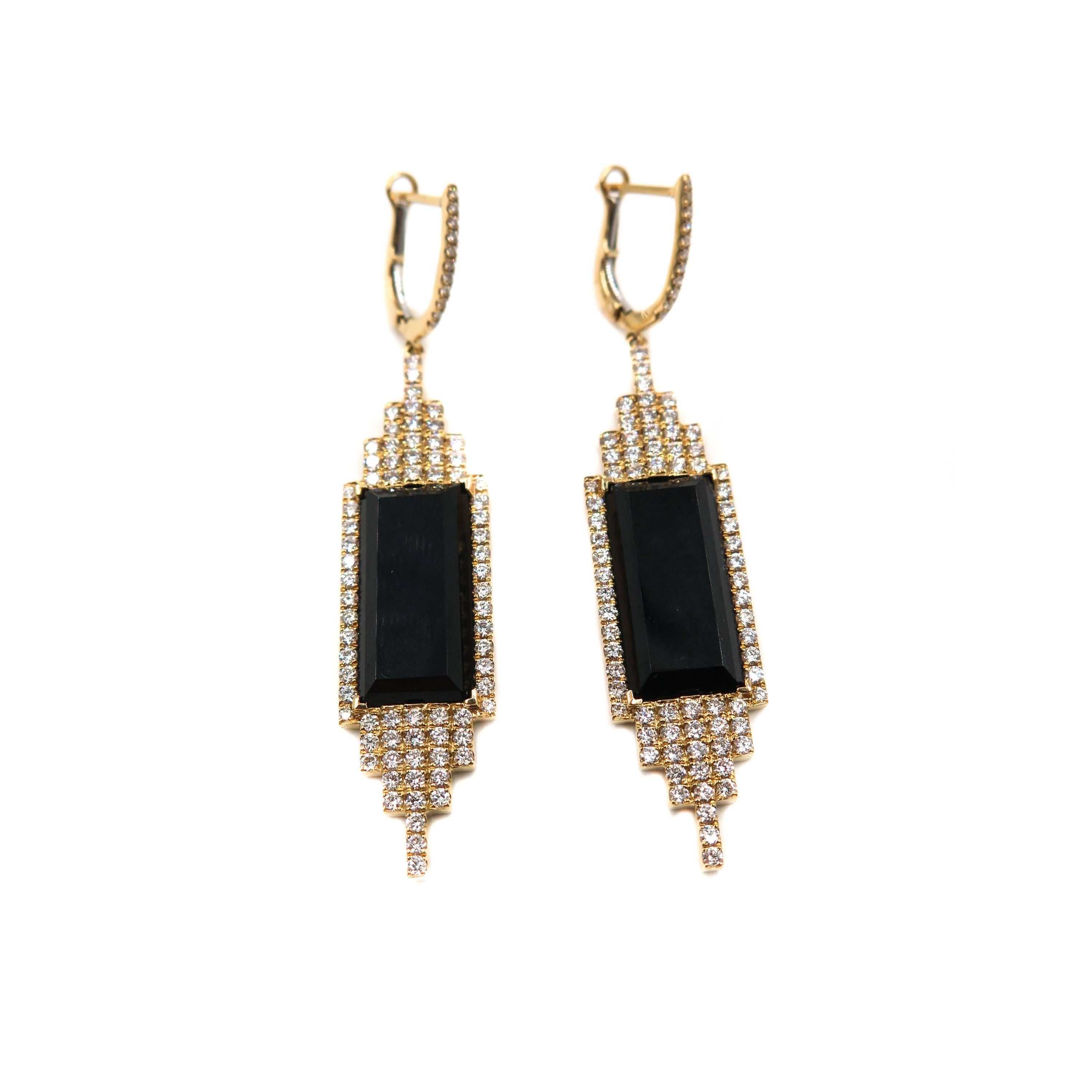 Onyx and Diamond Geometric Style Drop Earrings In New Condition In Greenwich, CT