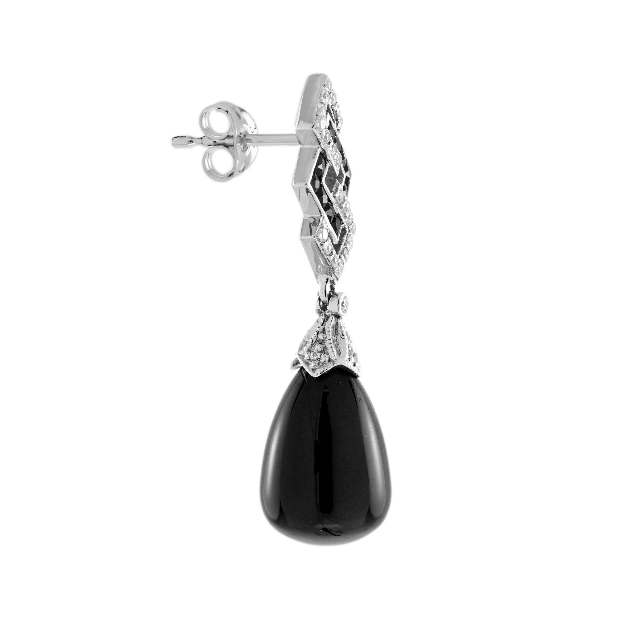 Onyx and Diamond Art Deco Style Drop Earrings in 14K White Gold Pour femmes en vente