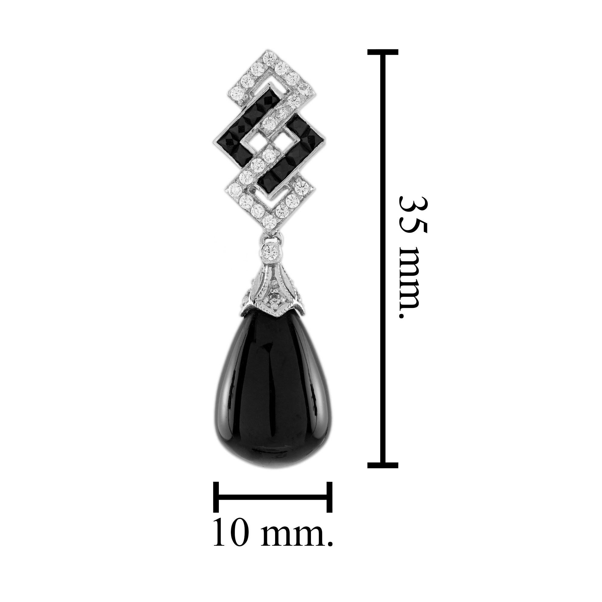 Onyx and Diamond Art Deco Style Drop Earrings in 14K White Gold en vente 2