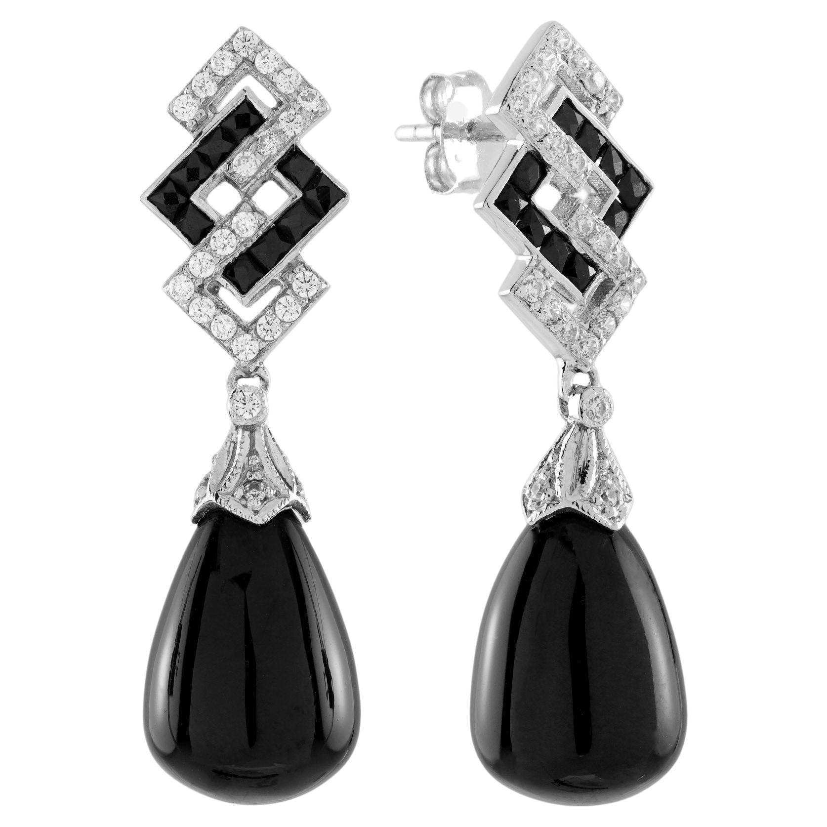 Onyx and Diamond Art Deco Style Drop Earrings in 14K White Gold en vente