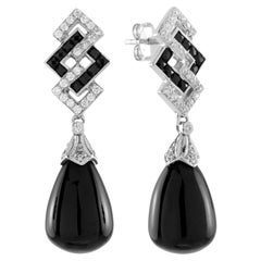 Onyx and Diamond Art Deco Style Drop Earrings in 14K White Gold