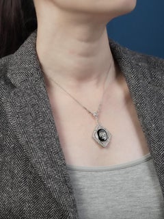 Onyx and Diamond Art Deco Style Floral Motif Necklace in 14K White Gold