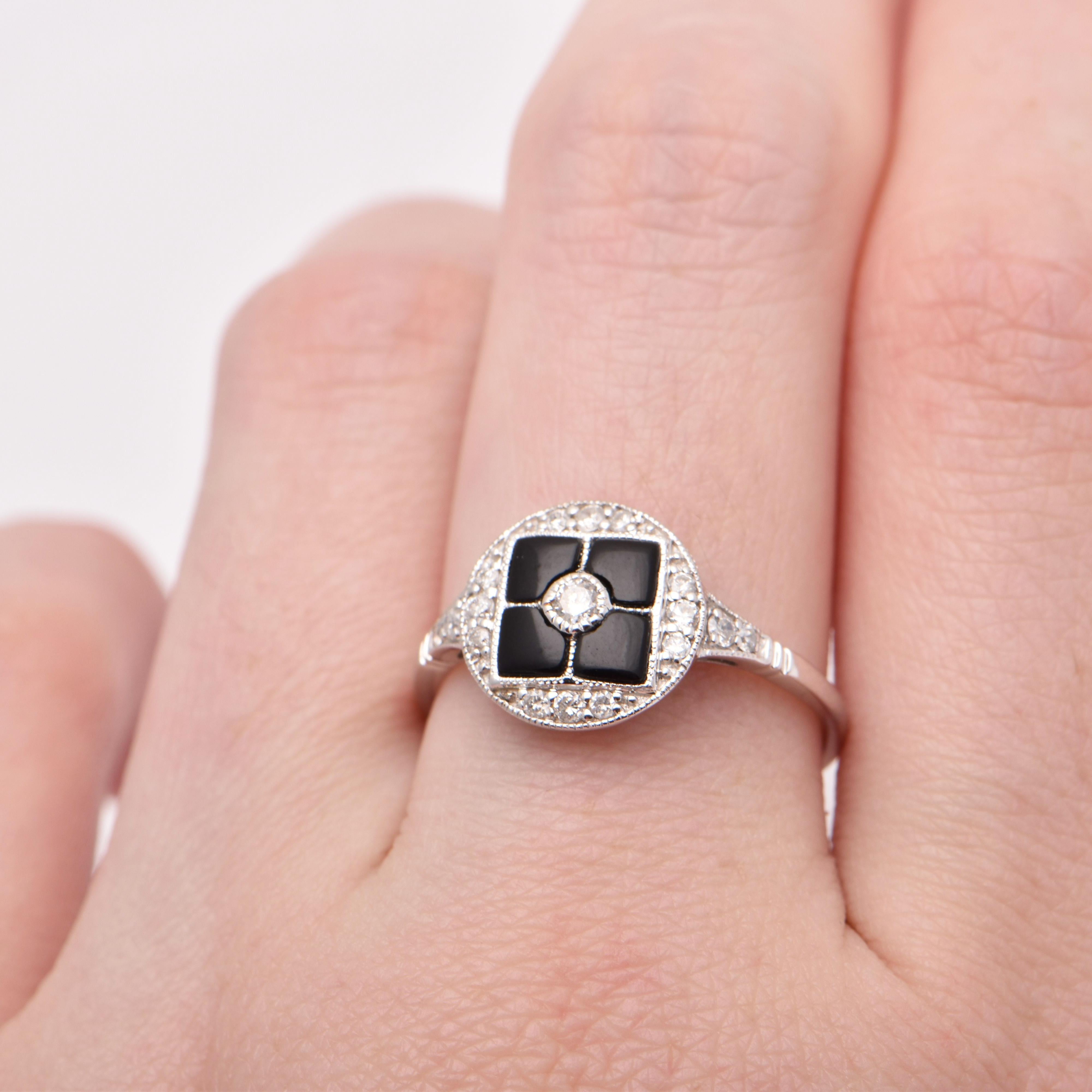 Round Cut Onyx and Diamond Art Deco Style Ring in 18 Carat White Gold