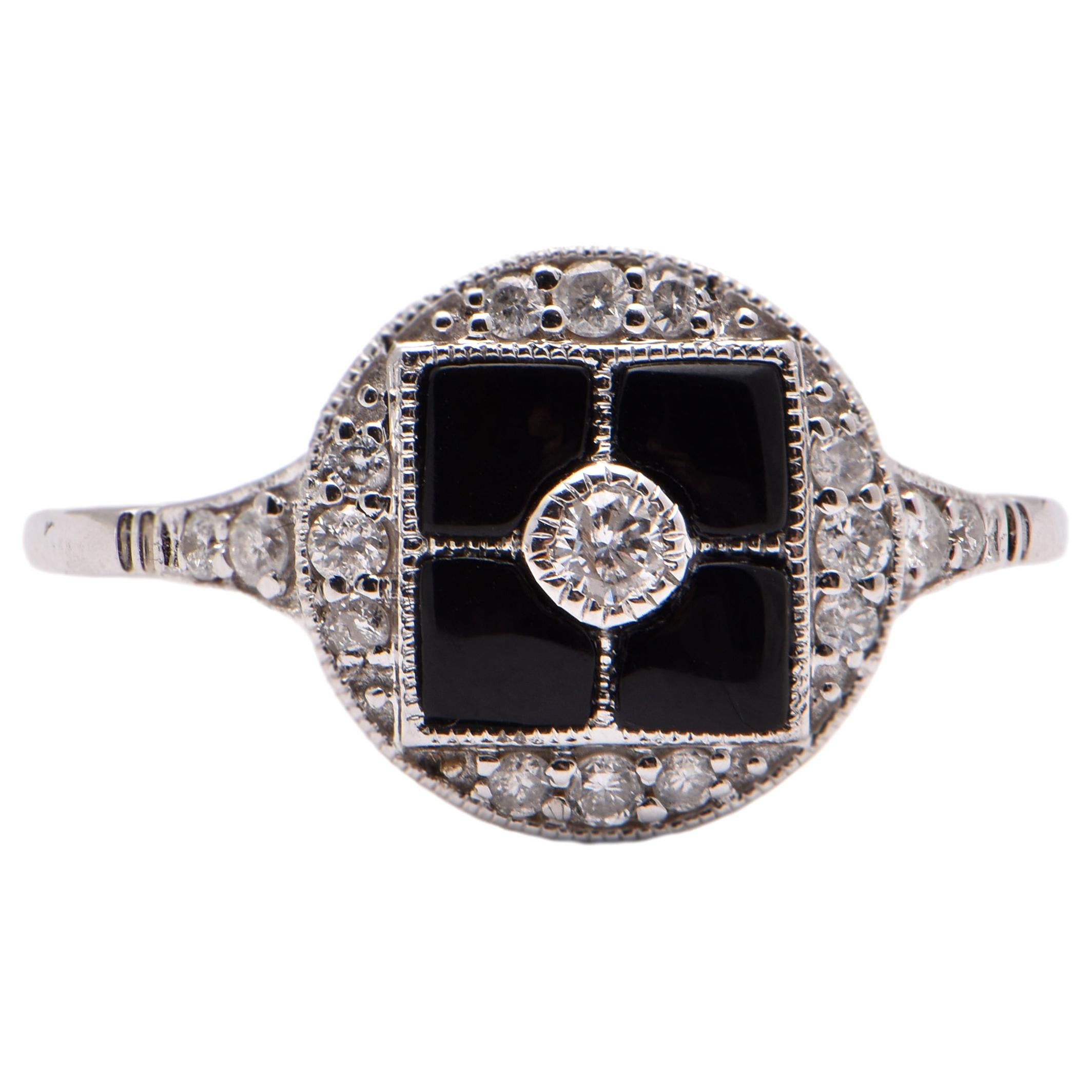 Onyx and Diamond Art Deco Style Ring in 18 Carat White Gold