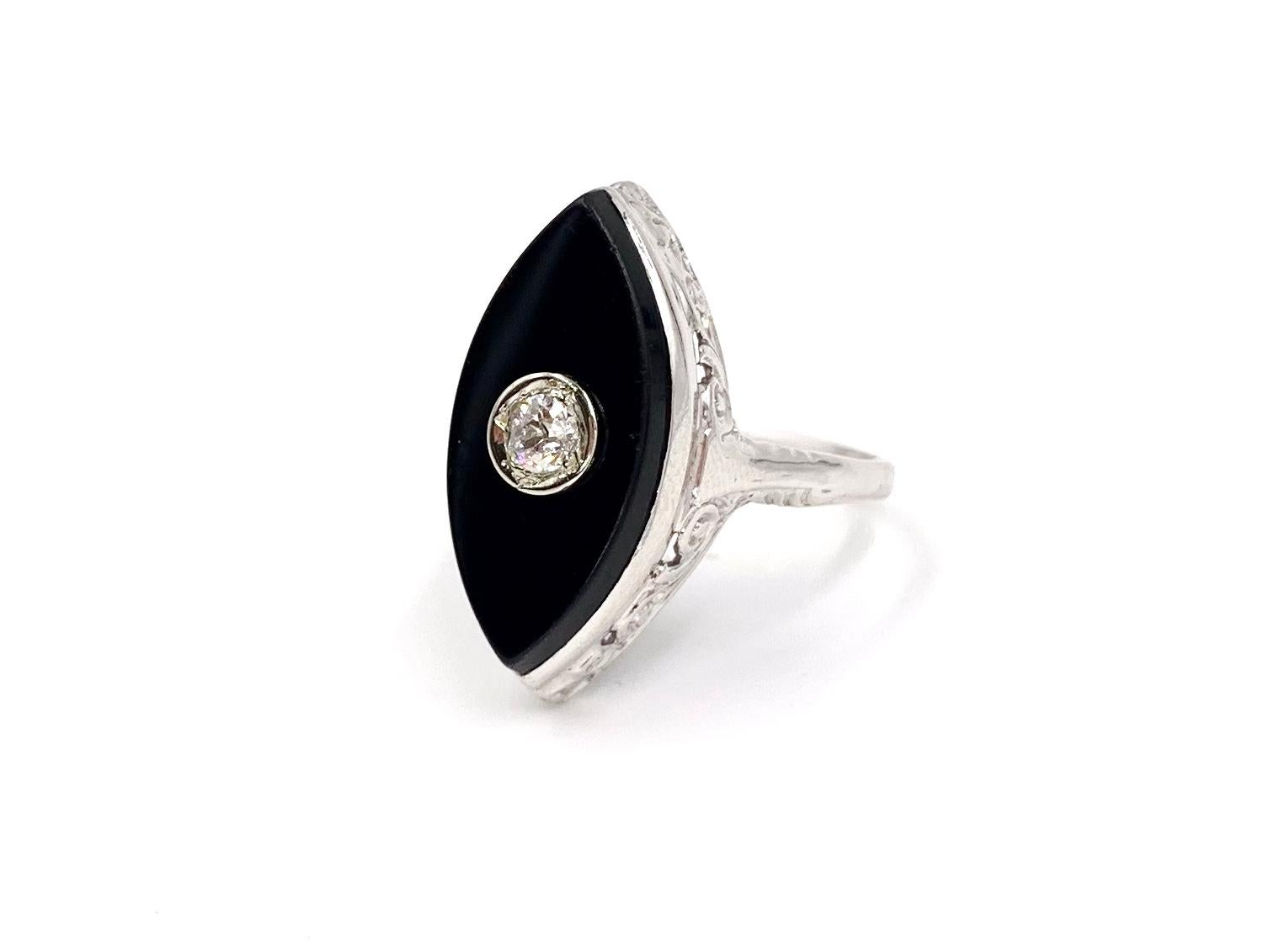 Onyx and Diamond Carved White Gold Ring In Good Condition In Pikesville, MD