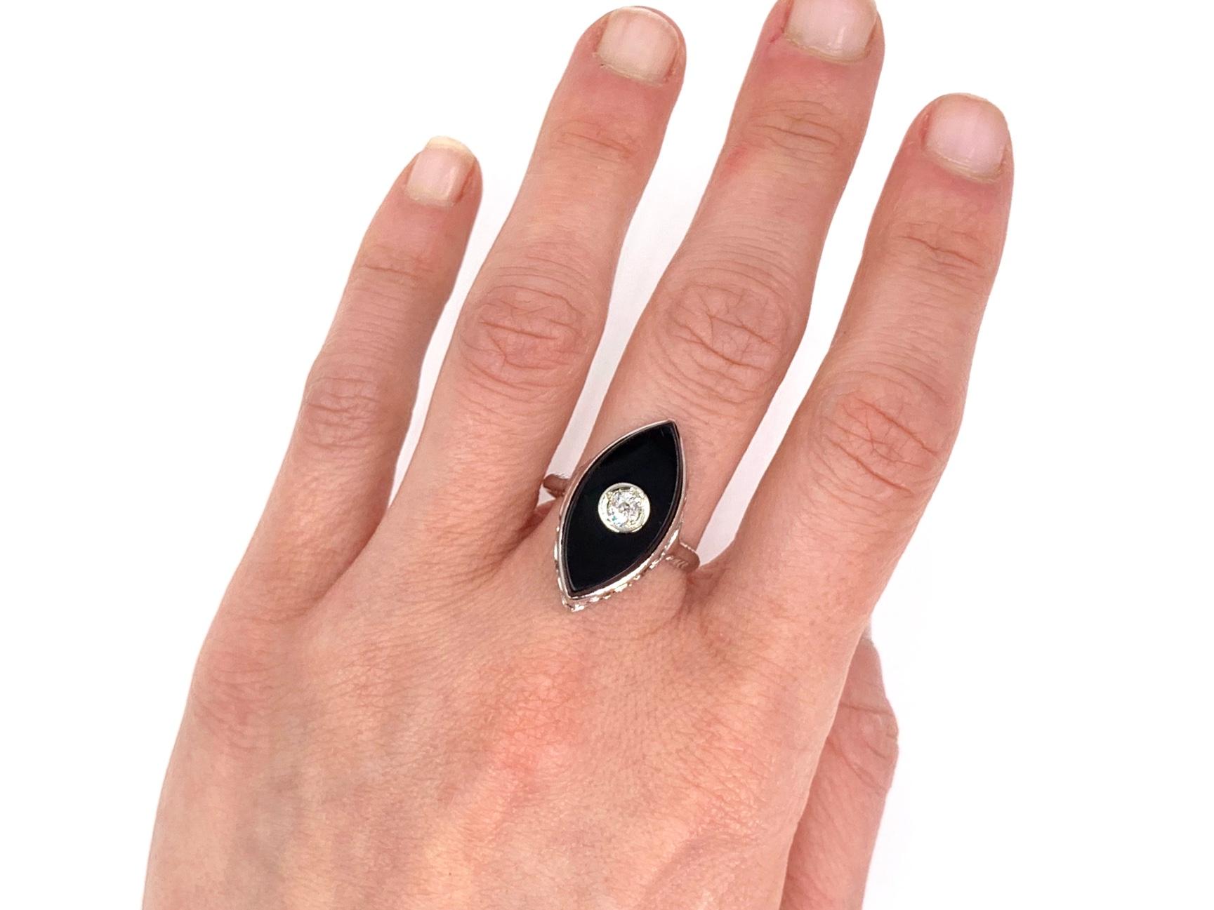 Women's or Men's Onyx and Diamond Carved White Gold Ring