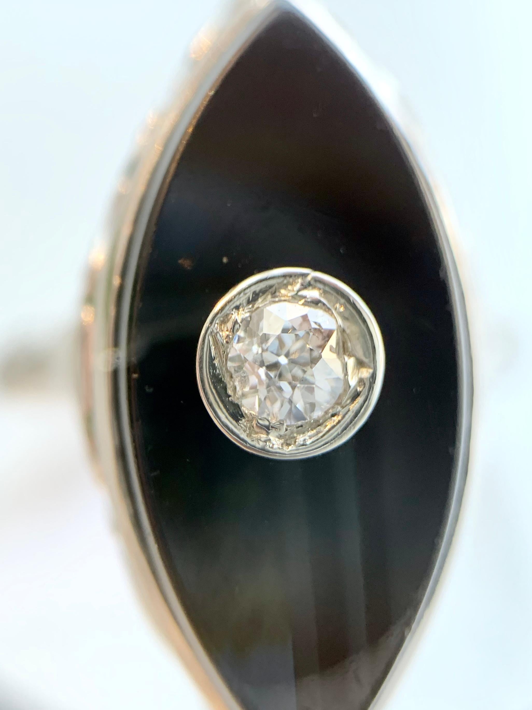 Onyx and Diamond Carved White Gold Ring 2