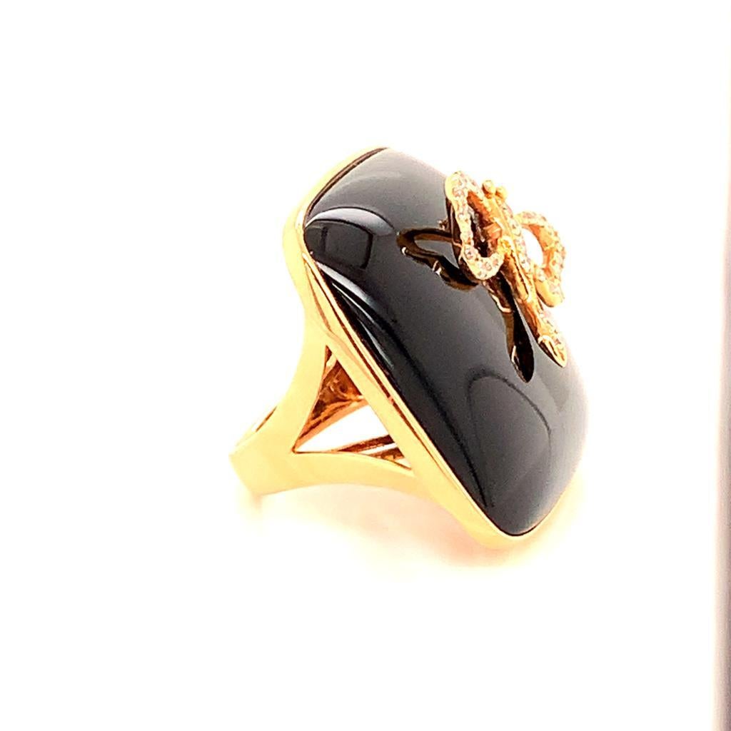 Cushion Cut Onyx and Diamond Dragonfly Cocktail Ring in 18K Yellow Gold For Sale