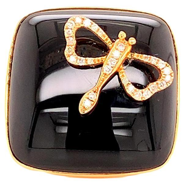 Cocktail-Ring aus 18 Karat Gelbgold mit Onyx und Diamant mit Libellen
