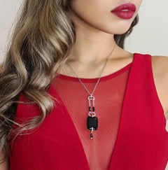 Onyx and Diamond Drop Necklace/Chain with Pendant in 18K White Gold Hallmarked