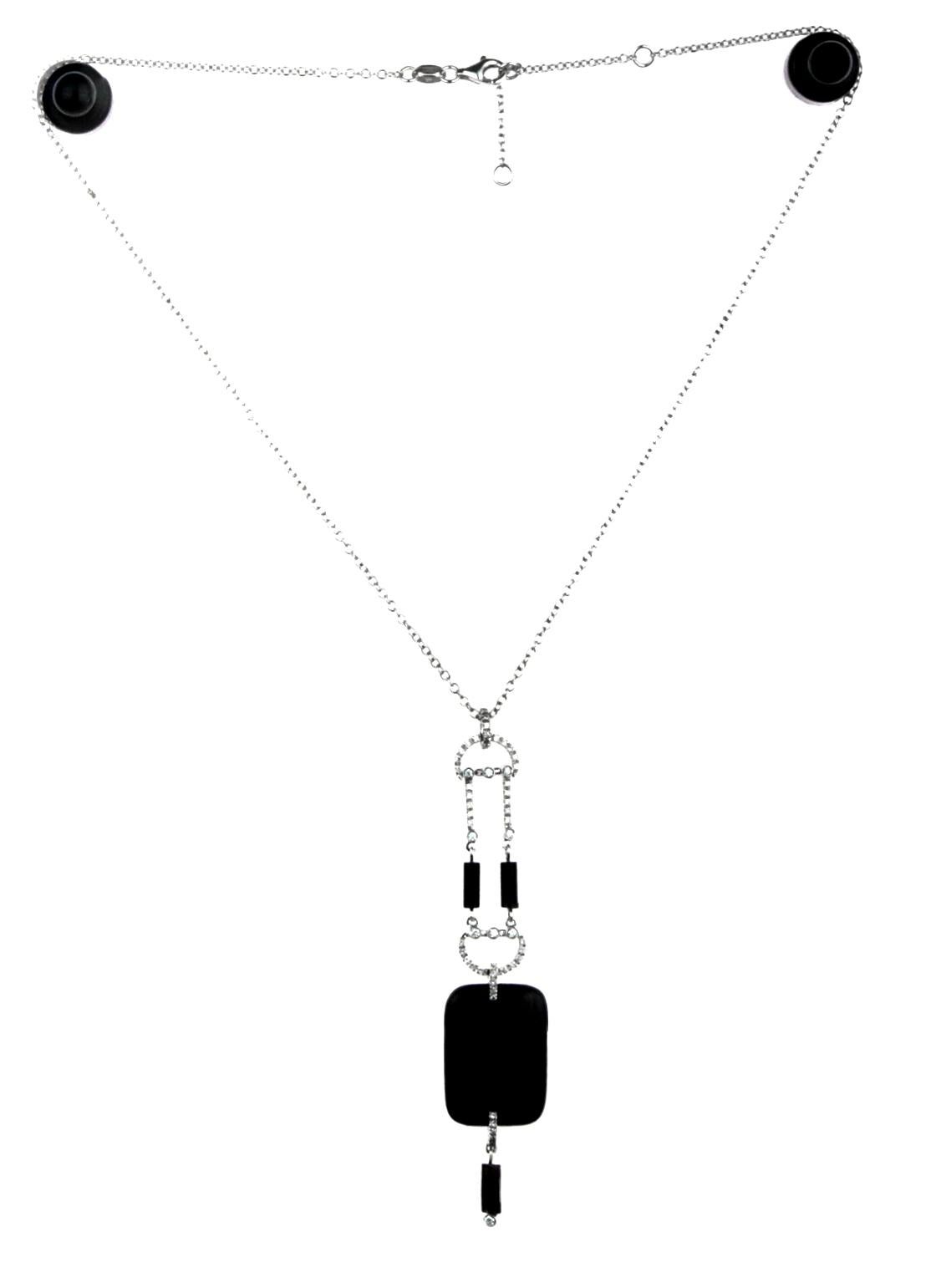 Bead Onyx and Diamond Drop Necklace/Chain with Pendant in 18K White Gold Hallmarked For Sale