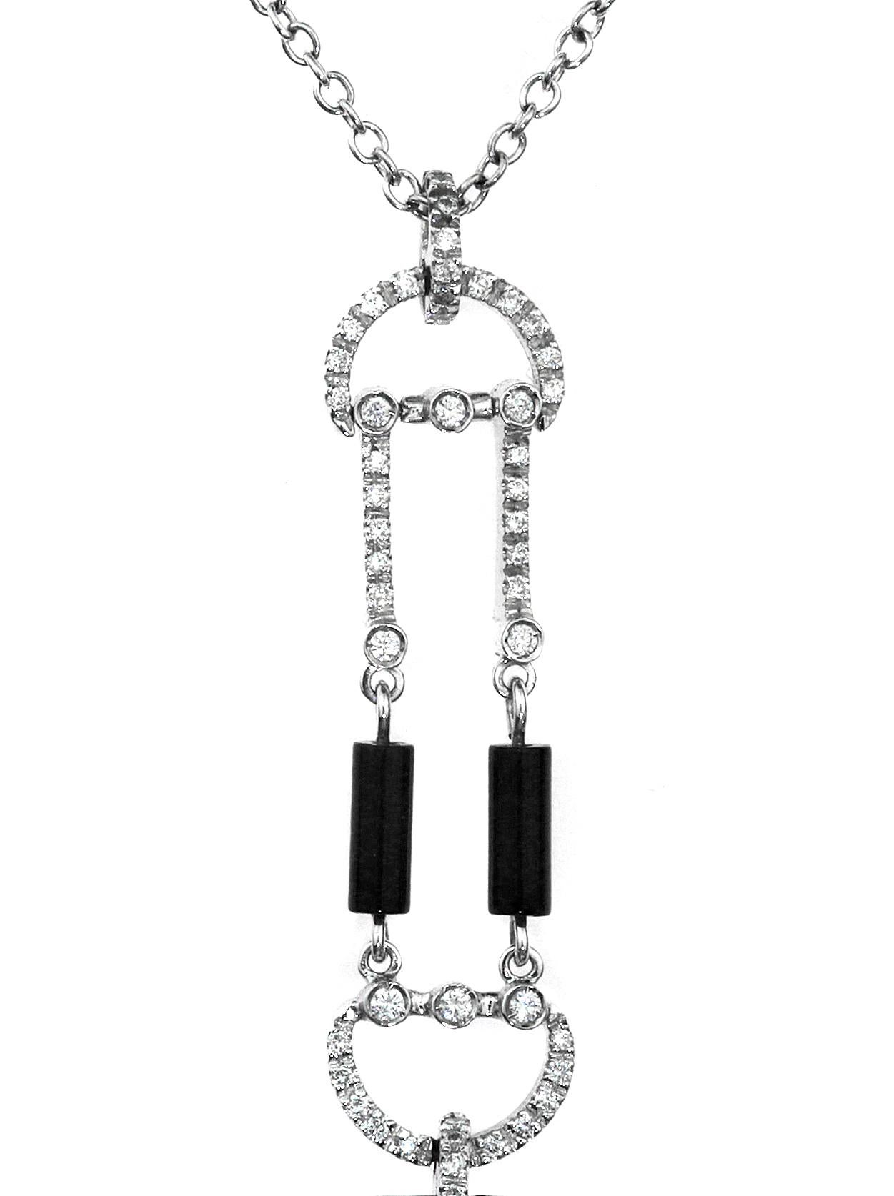 Women's Onyx and Diamond Drop Necklace/Chain with Pendant in 18K White Gold Hallmarked For Sale