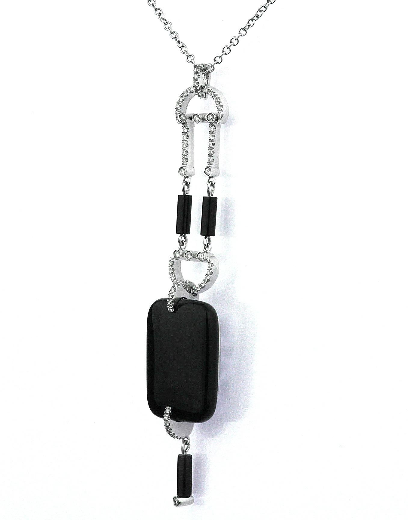 Onyx and Diamond Drop Necklace/Chain with Pendant in 18K White Gold Hallmarked For Sale 2