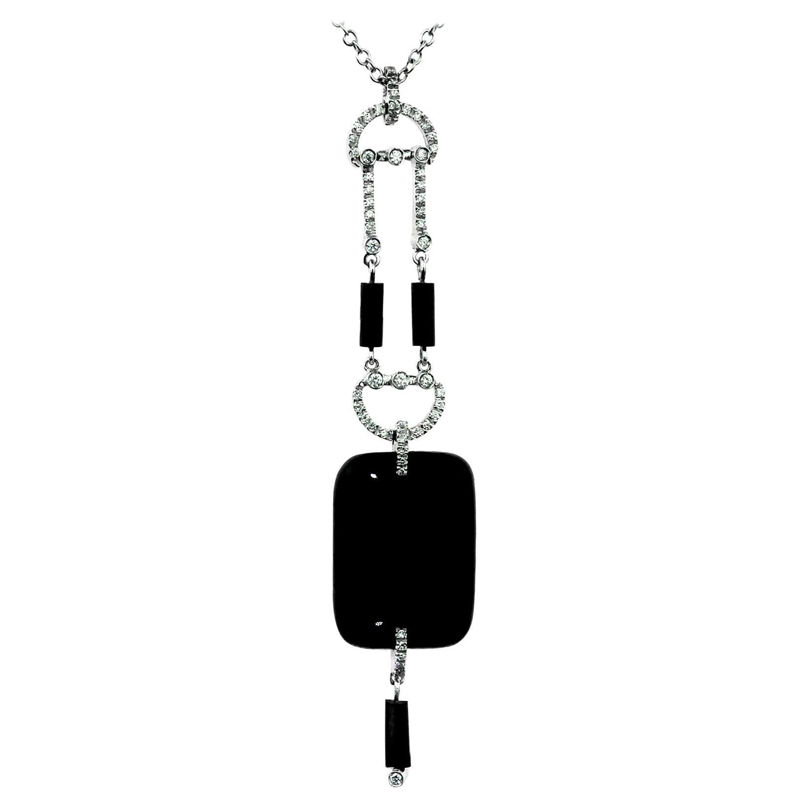 Onyx and Diamond Drop Necklace/Chain with Pendant in 18K White Gold Hallmarked For Sale