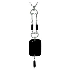 Onyx and Diamond Drop Necklace/Chain with Pendant in 18K White Gold Hallmarked