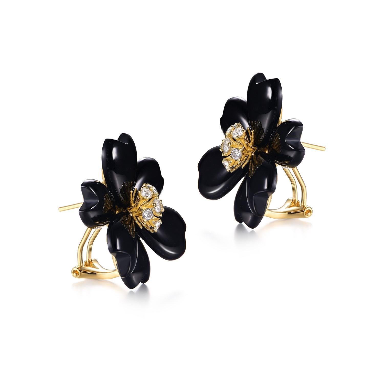 Exuding timeless sophistication and a touch of modern elegance, these earrings present a harmonious blend of precious materials and meticulous craftsmanship. Designed in a striking flower motif, the petals are masterfully carved from rich, black