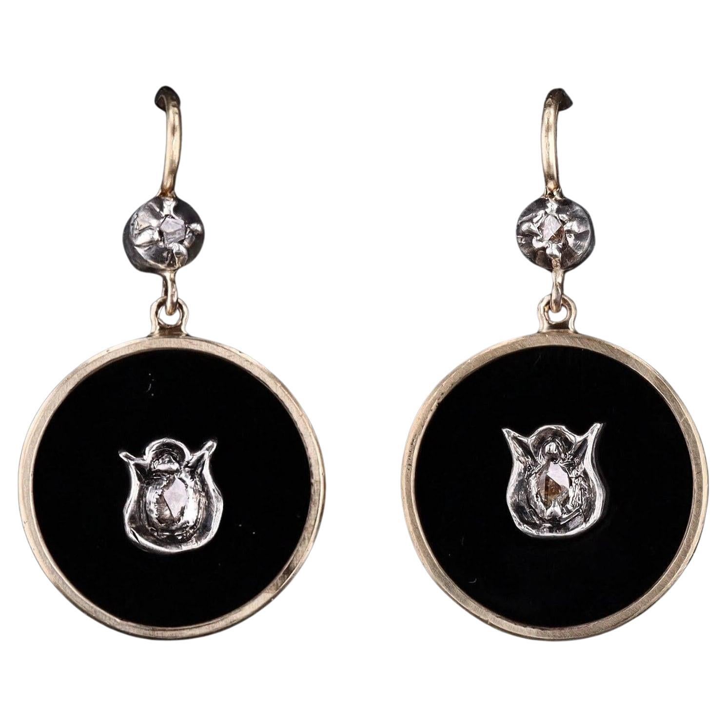 Onyx and Diamond Earrings of 14k Gold