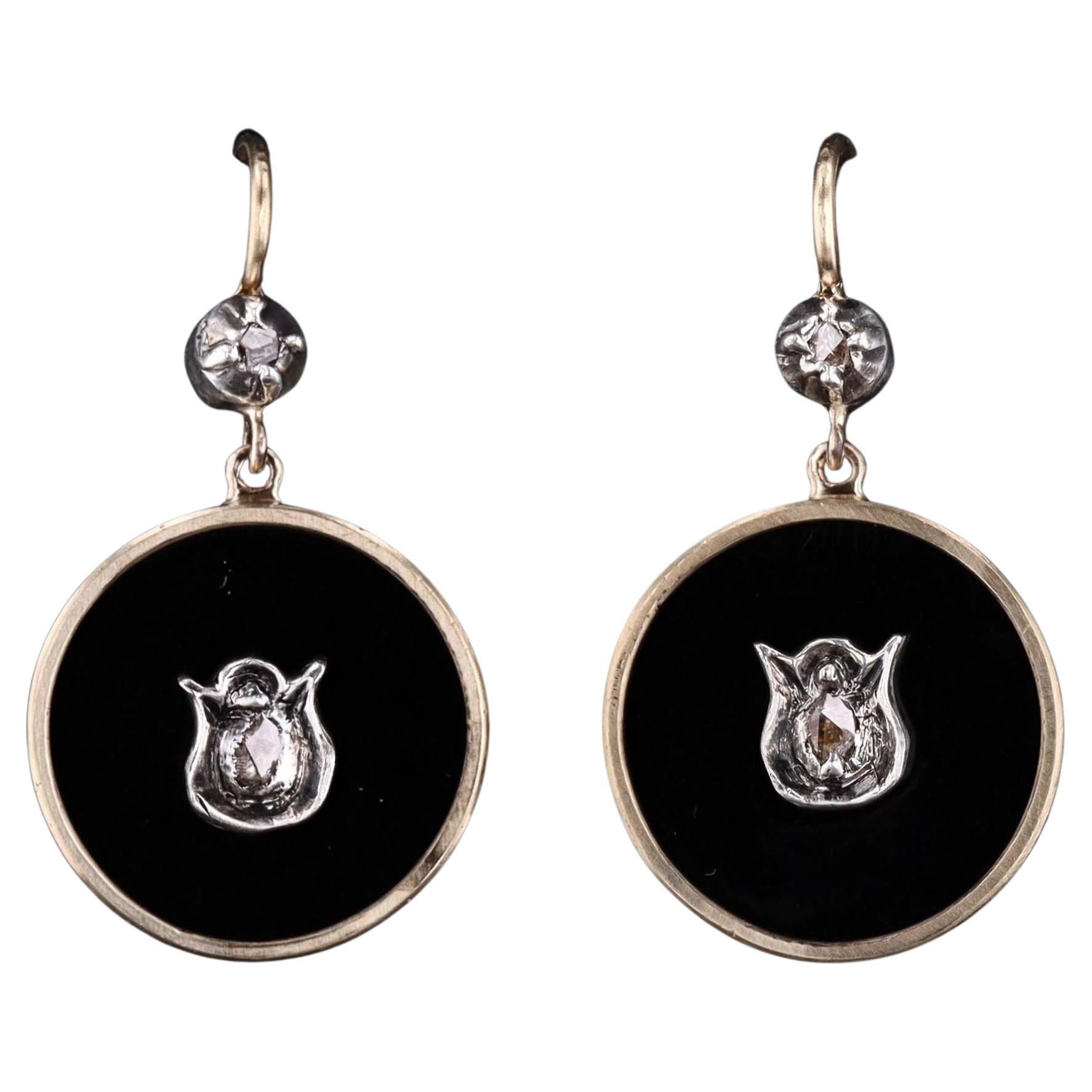 Boucles d'oreilles en or 14k avec onyx et diamants en vente
