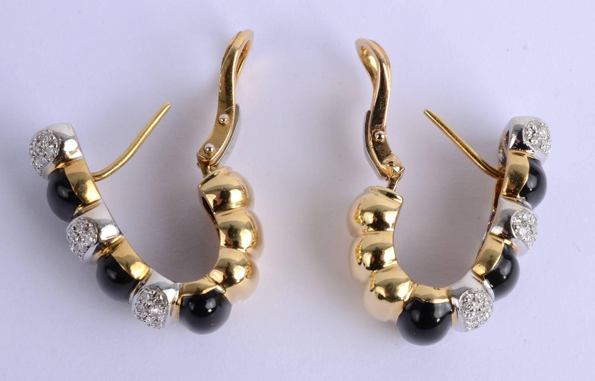 Modern Onyx and Diamond Half Hoop Earrings