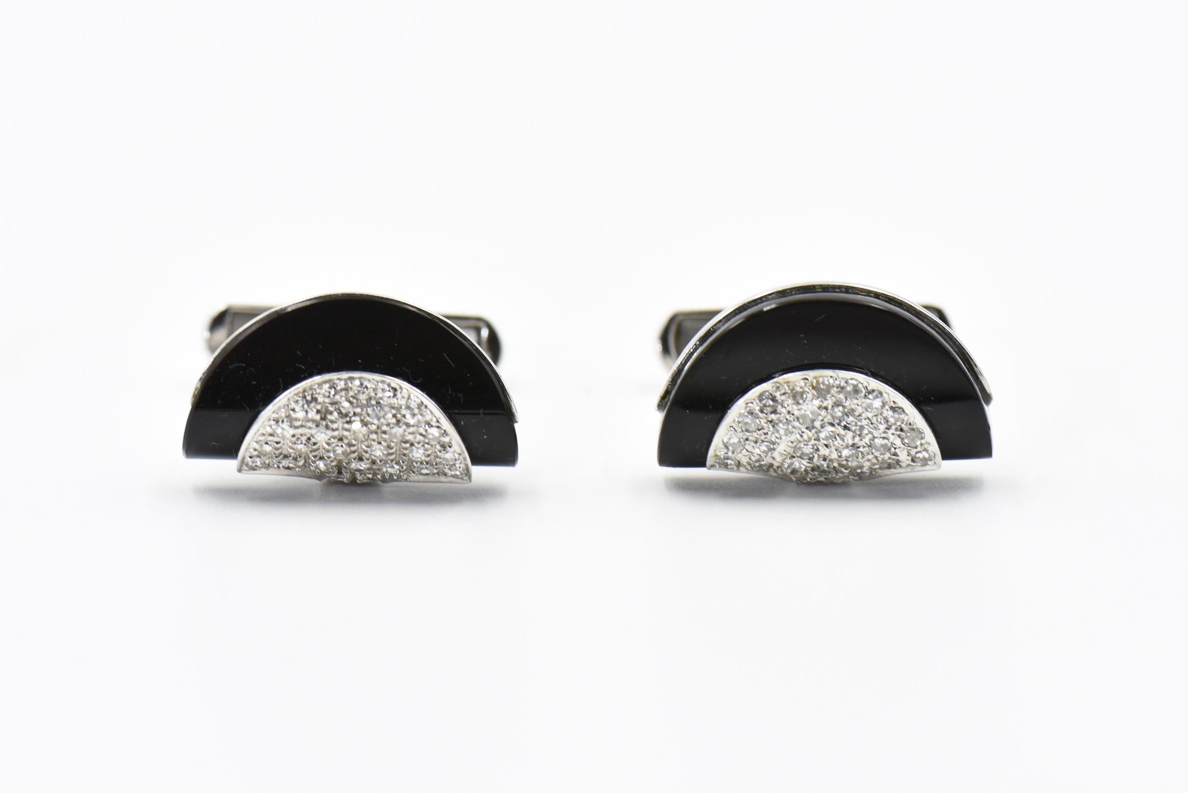 Women's or Men's Onyx and Diamond Men's White Gold Stud Set Cufflinks with Three Studs For Sale