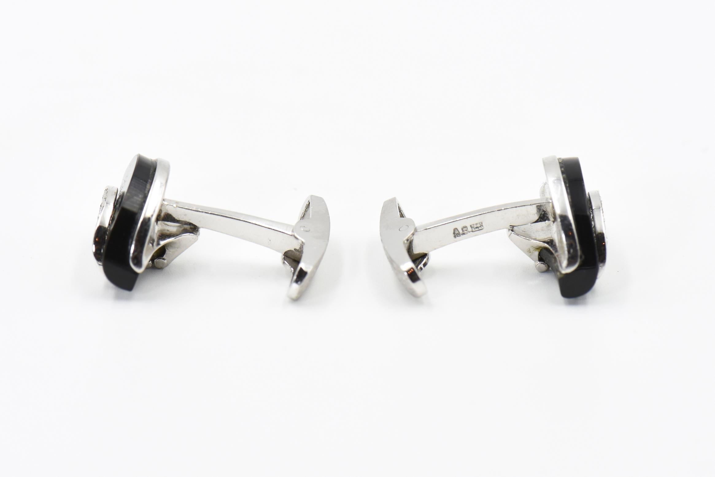 Onyx and Diamond Men's White Gold Stud Set Cufflinks with Three Studs For Sale 1